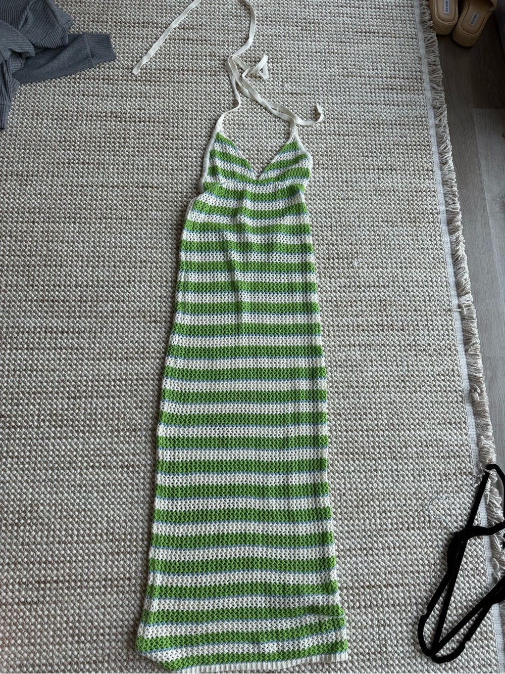 Green & White Striped Crochet Swim Coverup Maxi
